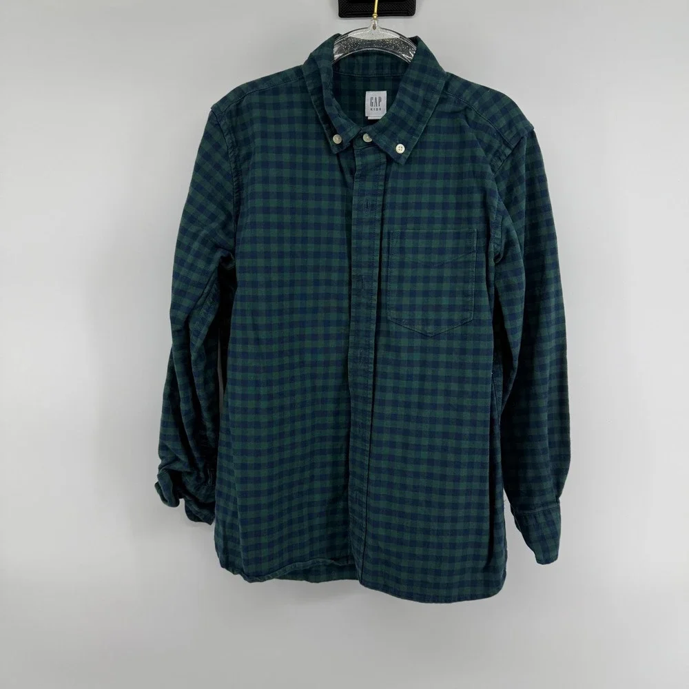 GAP Kids Plaid Button Down Shirt Green Navy Gingham Long Sleeve Size‎ 8